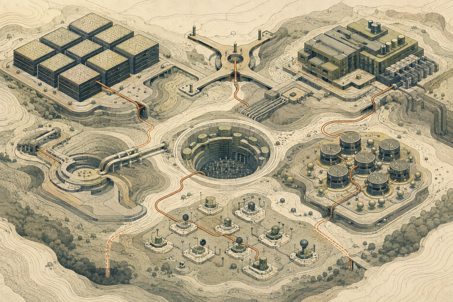 A topographic illustration of compute, storage, routing, and agent systems connected by a copper path.
